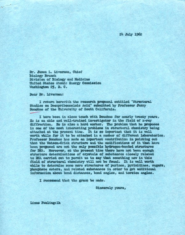 Letter from Linus Pauling to James L. Liverman. Page 1. July 24, 1962