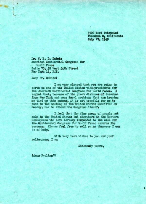 Letter from Linus Pauling to W.E.B. Du Bois. Page 1. July 27, 1949