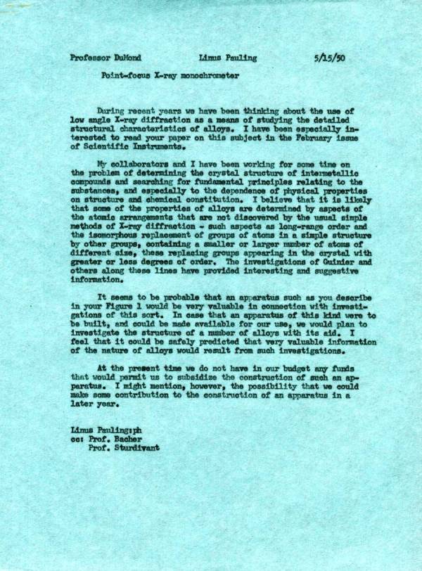 Memorandum from Linus Pauling to Jesse DuMond. Page 1. May 15, 1950