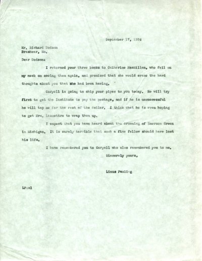 Letter from Linus Pauling to Richard Dodson. Page 1. September 17, 1936