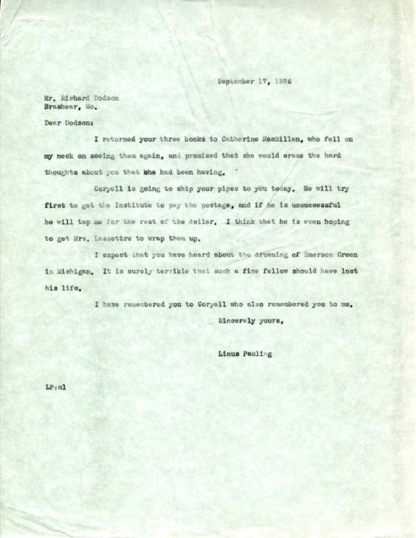 Letter from Linus Pauling to Richard Dodson. Page 1. September 17, 1936