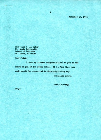 Letter from Linus Pauling to Edward A. Doisy. Page 1. November 13, 1944