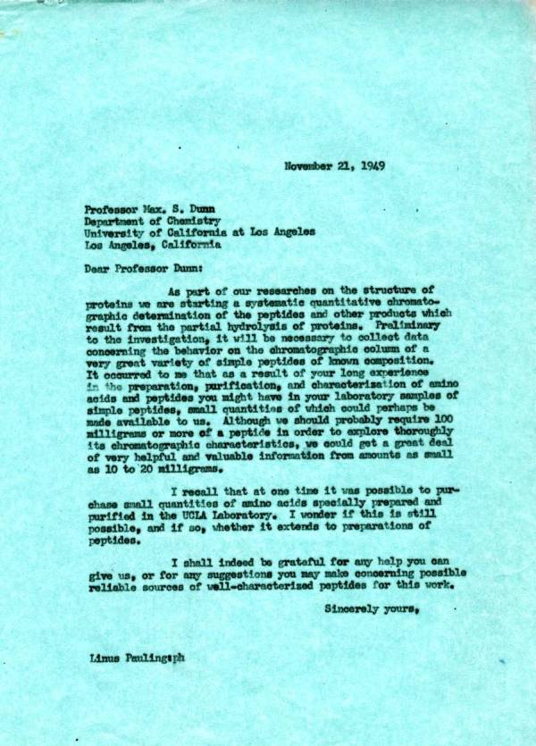 Letter from Linus Pauling to Max S. Dunn. Page 1. November 21, 1949