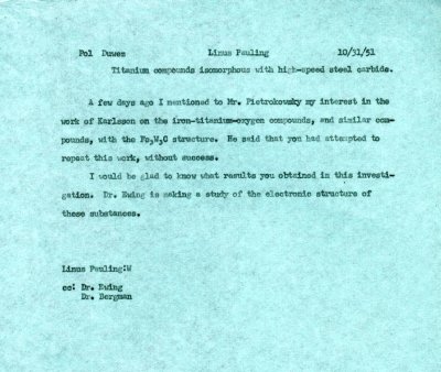 Memorandum from Linus Pauling to Pol Duwez. Page 1. October 31, 1951