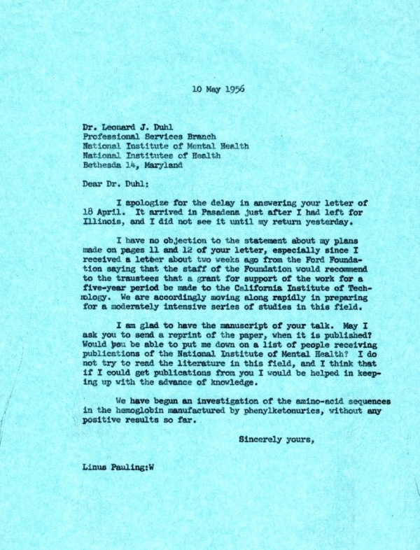 Letter from Linus Pauling to Leonard J. Duhl. Page 1. May 10, 1956