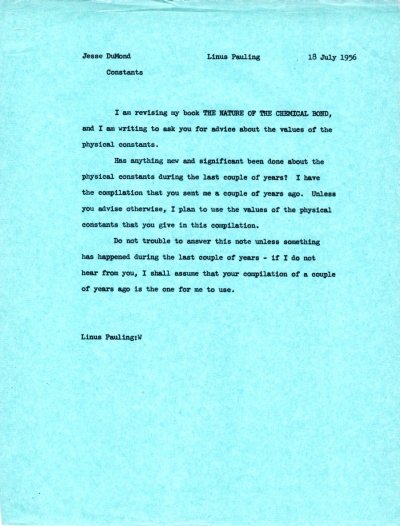 Letter from Linus Pauling to Jesse DuMond. Page 1. July 18, 1956