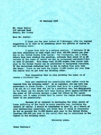 Letter from Linus Pauling to Homer Dudley. Page 1. February 24, 1958