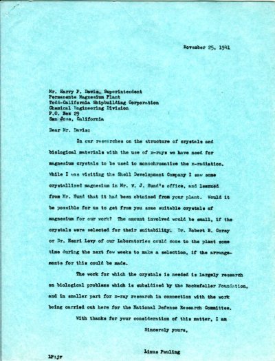 Letter from Linus Pauling to Harry P. Davis. Page 1. November 25, 1941