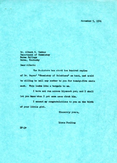 Letter from Linus Pauling to Albert Dekker. Page 1. November 5, 1941