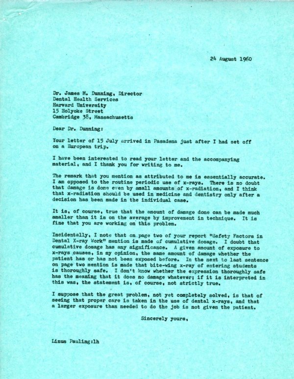 Letter from Linus Pauling to James M. Dunning. Page 1. August 24, 1960