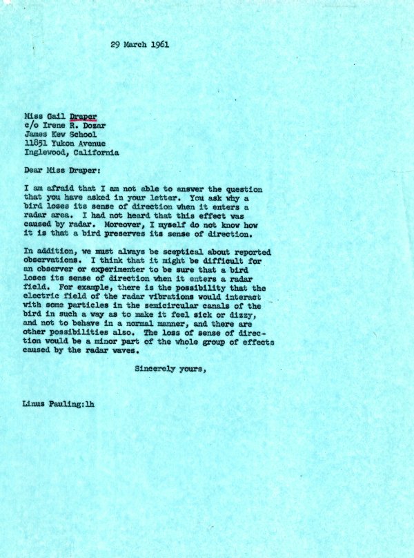 Letter from Linus Pauling to Gail Draper. Page 1. March 29, 1961