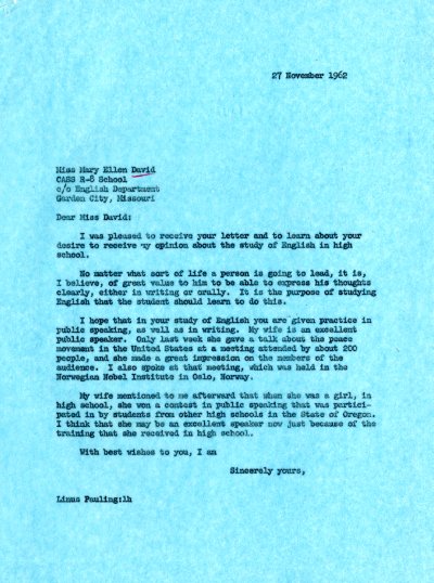 Letter from Linus Pauling to Mary Ellen David. Page 1. November 27, 1962