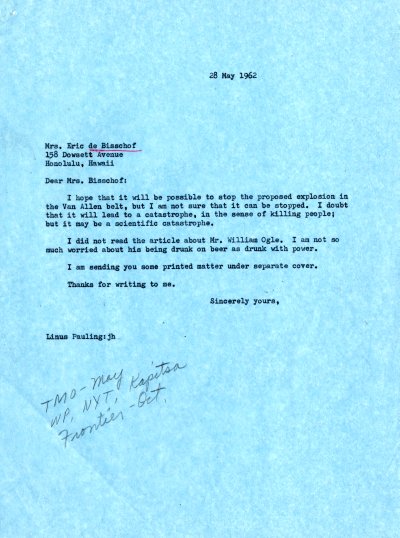 Letter from Linus Pauling to Mrs. Eric de Bisschof. Page 1. May 28, 1962