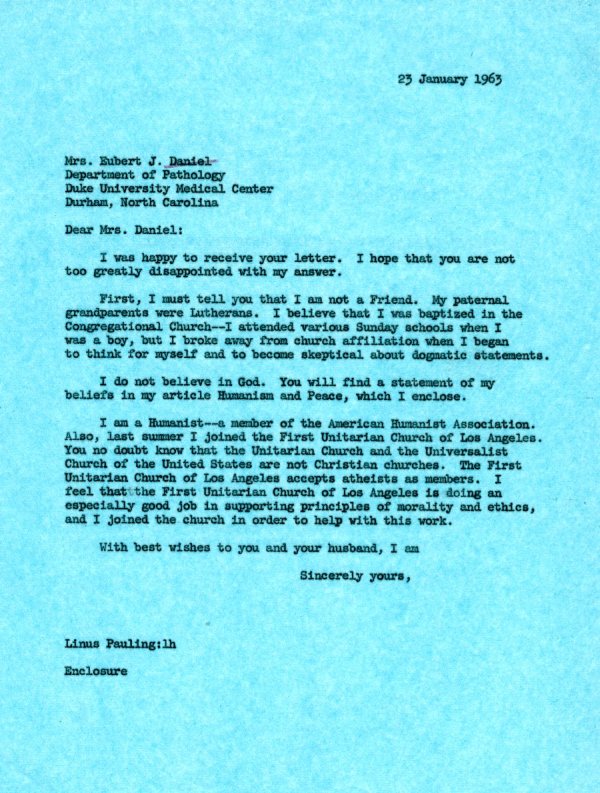 Letter from Linus Pauling to Mrs. Eubert J. Daniel. Page 1. January 23, 1963