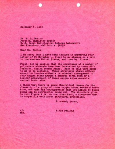 Letter from Linus Pauling to B. L. Dunicz. Page 1. December 8, 1964