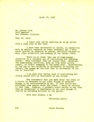 Letter from Linus Pauling to Sidney Dock. Page 1. April 26, 1966