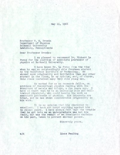 Letter from Linus Pauling to V. G. Drozin. Page 1. May 11, 1966