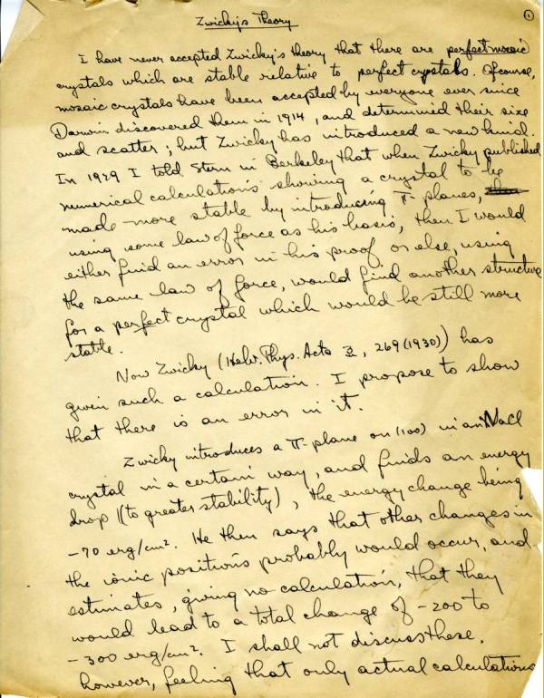 "Zwicky's Theory." Page 1. 1930
