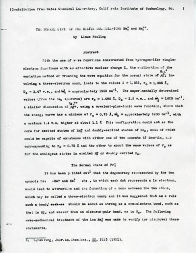 "The Normal State of Helium Molecule-Ions He2+ and He2++." Page 1. 1932