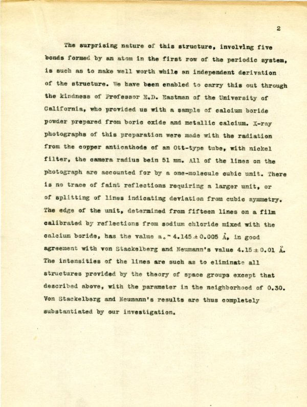 "The Structure of Calcium Boride, CaB6." Page 2. 1933