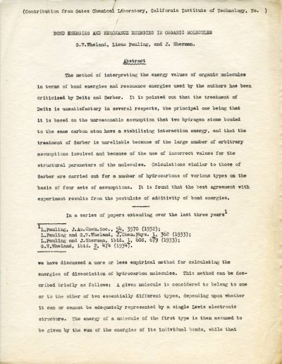 "Bond Energies and Resonance Energies in Organic Molecules." Page 1. 1934