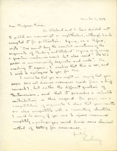 Letter from Linus Pauling to Louis Fieser Page 1. November 5, 1935