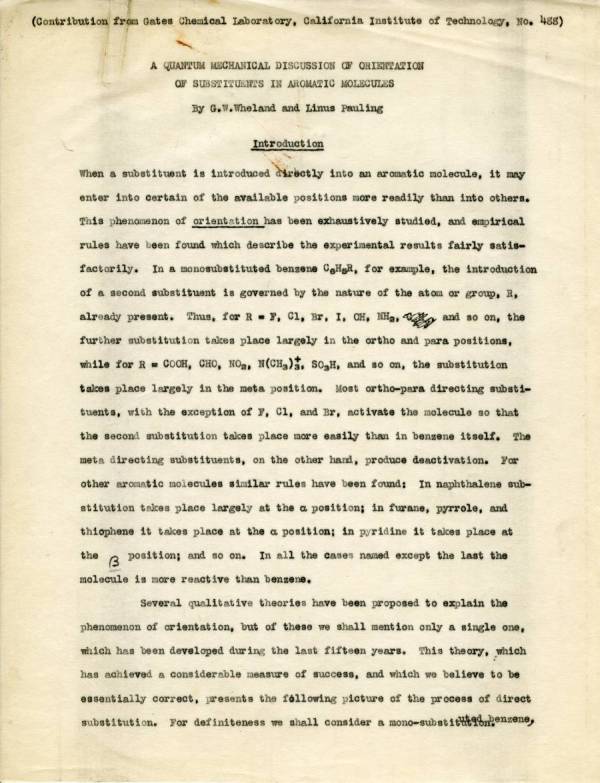 "A Quantum Mechanical Discussion of Orientation of Substituents in Aromatic Molecules" Page 1. 1935 - 1938