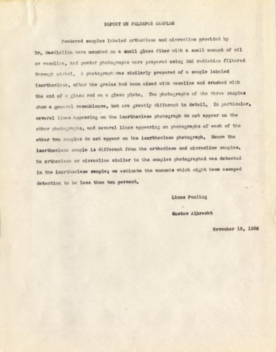 "Report on Feldspar Samples" Page 1. November 19, 1936