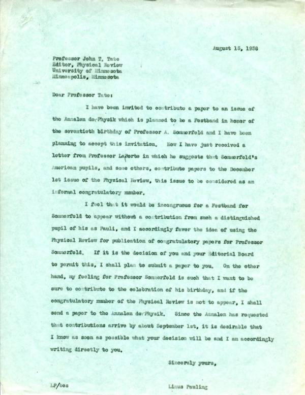 Letter from Linus Pauling to John T. Tate. Page 1. August 15, 1938