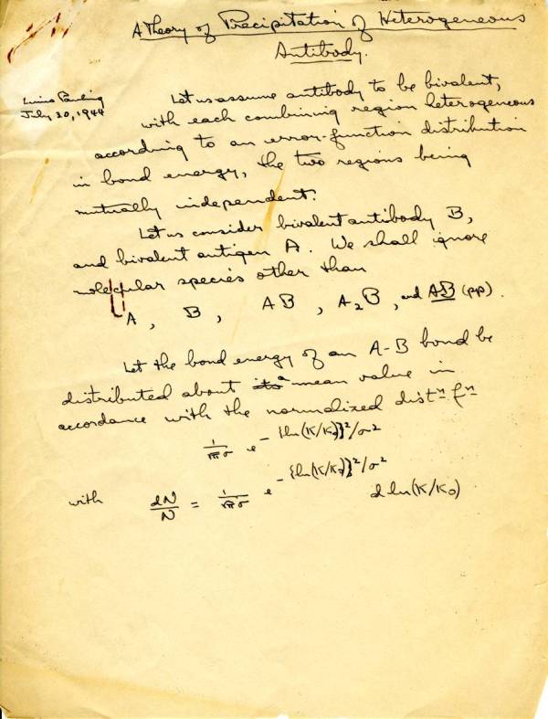 "A Theory of Precipitation of Heterogeneous Antibody." Page 1. July 30, 1944