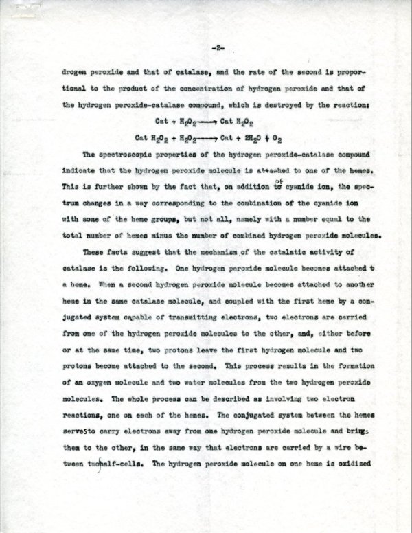 "The Arrangement of the Hemes in Catalase." Page 2. August 20, 1947