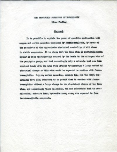 "The Electronic Structure of Hemoglobin." Page 1. November 13, 1948