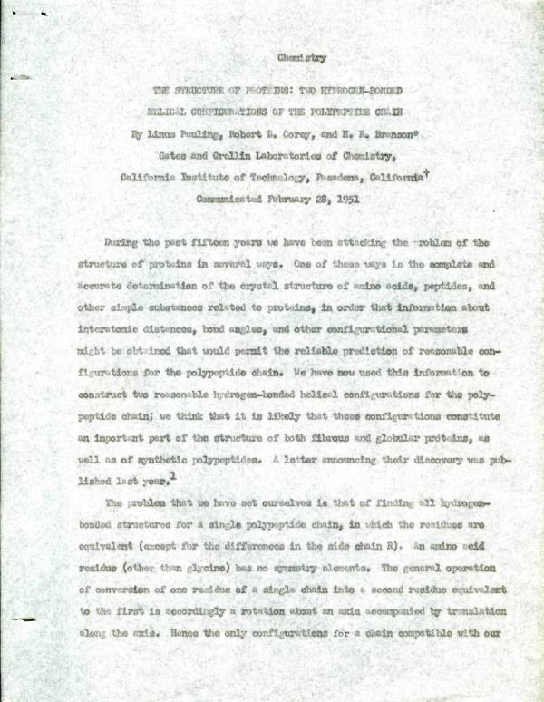 "The Structure of Proteins: Two Hydrogen-Bonded Helical Configurations of the Polypeptide Chain." Page 1. February 28, 1951