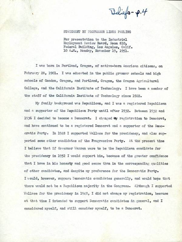 "Statement by Professor Linus Pauling." Page 1. November 19, 1951