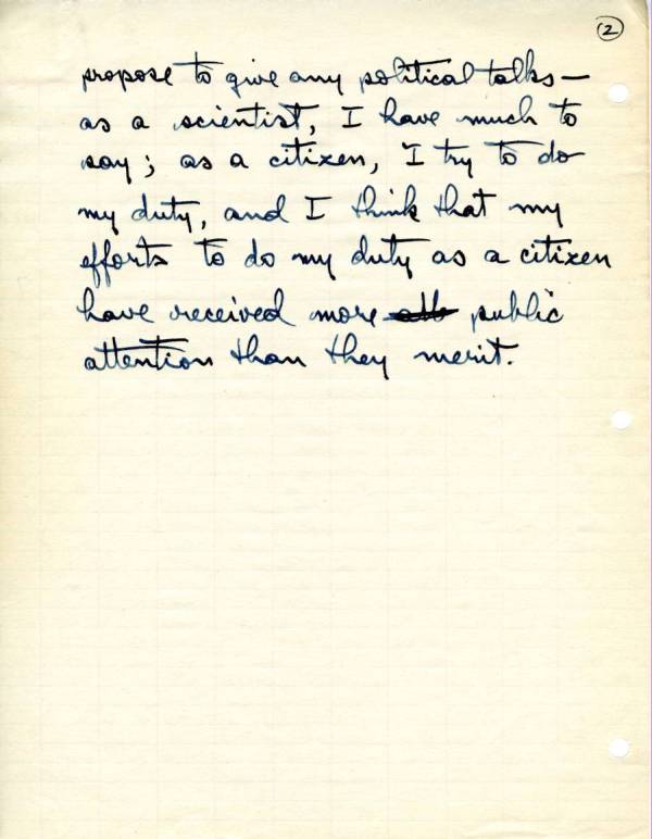 "Statement by Linus Pauling" [re: new invitations to visit and speak in Hawaii]. Page 2. April 26, 1951