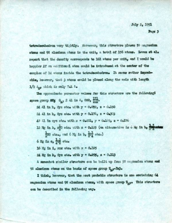 "Structure of Alloys with about 160 Atoms in the Unit Cube." Page 3. July 2, 1951