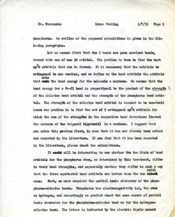 Memorandum from Linus Pauling to J.I. Fernandez Alonso. Page 2. January 7, 1952