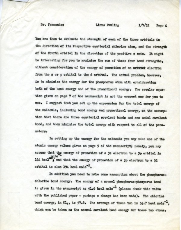 Memorandum from Linus Pauling to J.I. Fernandez Alonso. Page 4. January 7, 1952