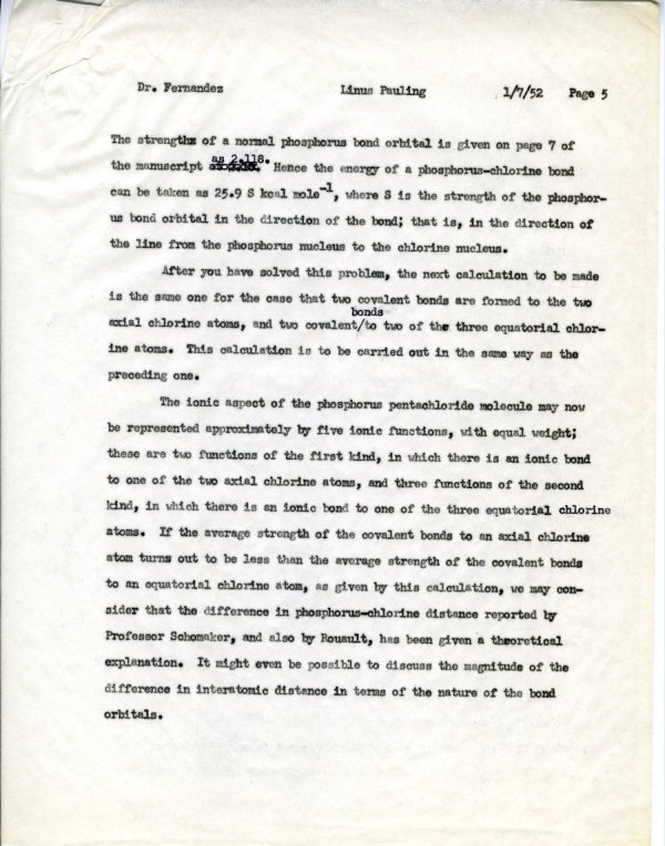 Memorandum from Linus Pauling to J.I. Fernandez Alonso. Page 5. January 7, 1952