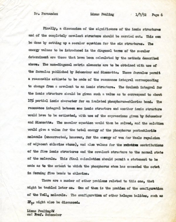 Memorandum from Linus Pauling to J.I. Fernandez Alonso. Page 6. January 7, 1952