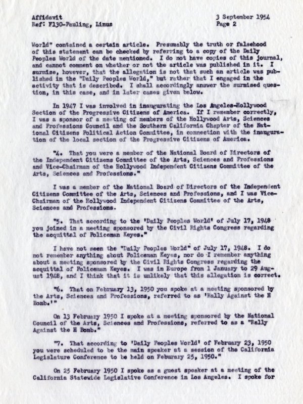 "Affidavit by Linus Pauling, With Reference to Allegations Contained in a Letter from the Department of State, dated 19 July 1954." [re: passport difficulties] Page 2. September 3, 1954