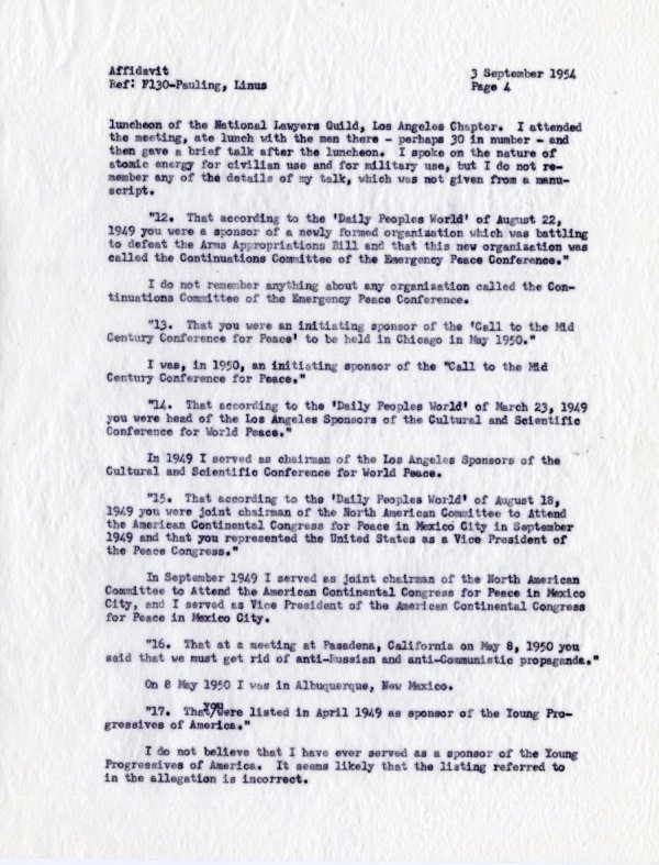 "Affidavit by Linus Pauling, With Reference to Allegations Contained in a Letter from the Department of State, dated 19 July 1954." [re: passport difficulties] Page 4. September 3, 1954