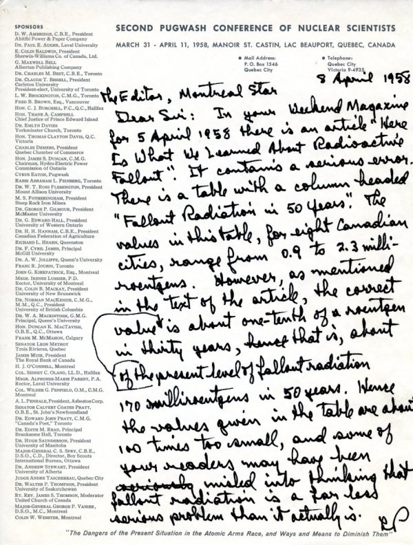 Letter from Linus Pauling to the Editor of the Montreal Star. Page 1. April 8, 1958