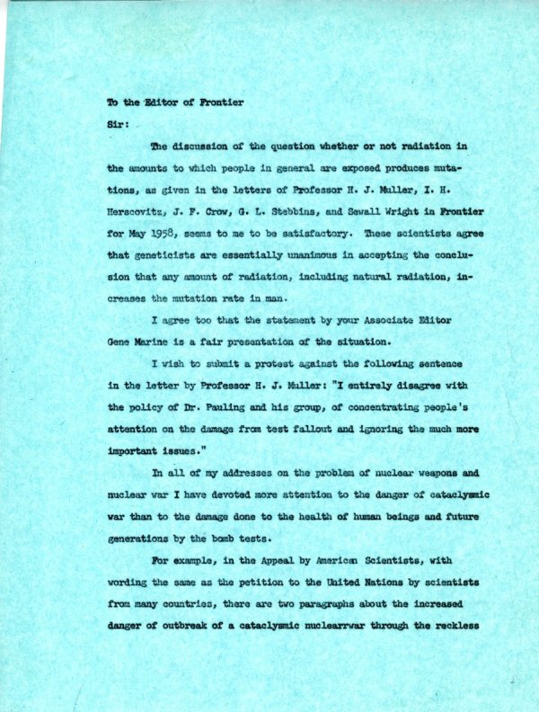 Letter from Linus Pauling to the Editor of Frontier Magazine. Page 2. May 28, 1958