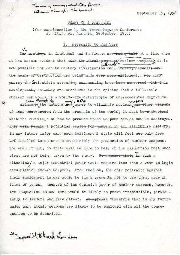 "Draft of a Statement (for Consideration by the Third Pugwash Conference at Kitzbuhel, Austria)" Page 1. September 17, 1958