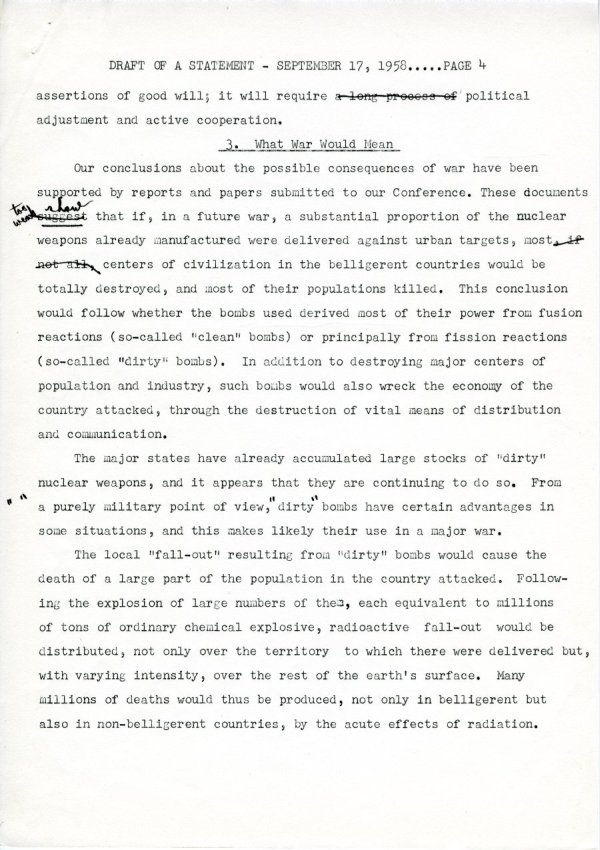 "Draft of a Statement (for Consideration by the Third Pugwash Conference at Kitzbuhel, Austria)" Page 4. September 17, 1958