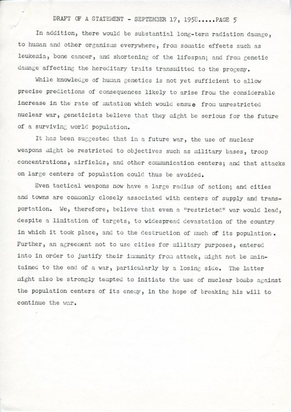 "Draft of a Statement (for Consideration by the Third Pugwash Conference at Kitzbuhel, Austria)" Page 5. September 17, 1958