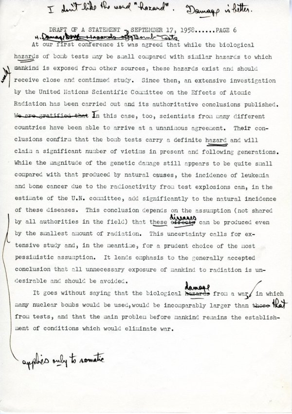 "Draft of a Statement (for Consideration by the Third Pugwash Conference at Kitzbuhel, Austria)" Page 6. September 17, 1958
