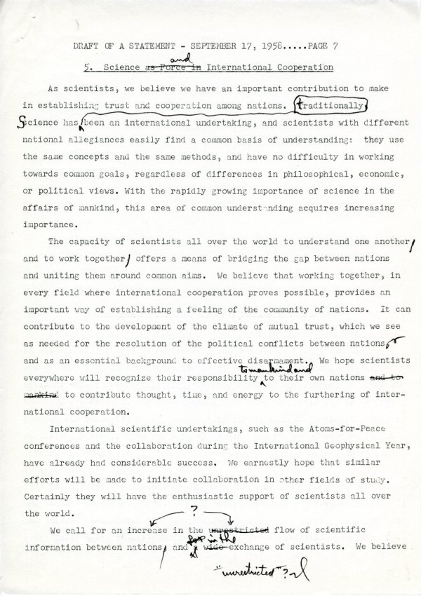 "Draft of a Statement (for Consideration by the Third Pugwash Conference at Kitzbuhel, Austria)" Page 7. September 17, 1958