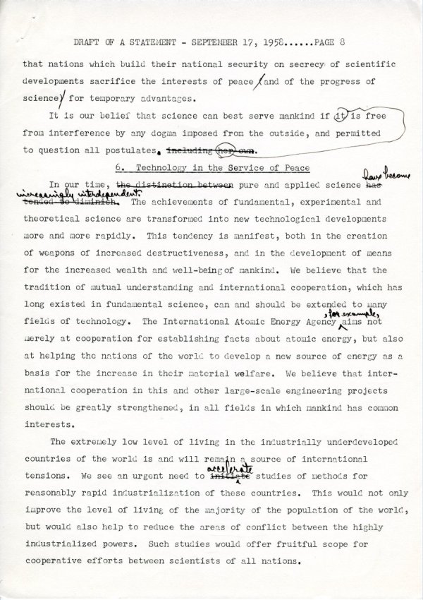 "Draft of a Statement (for Consideration by the Third Pugwash Conference at Kitzbuhel, Austria)" Page 8. September 17, 1958